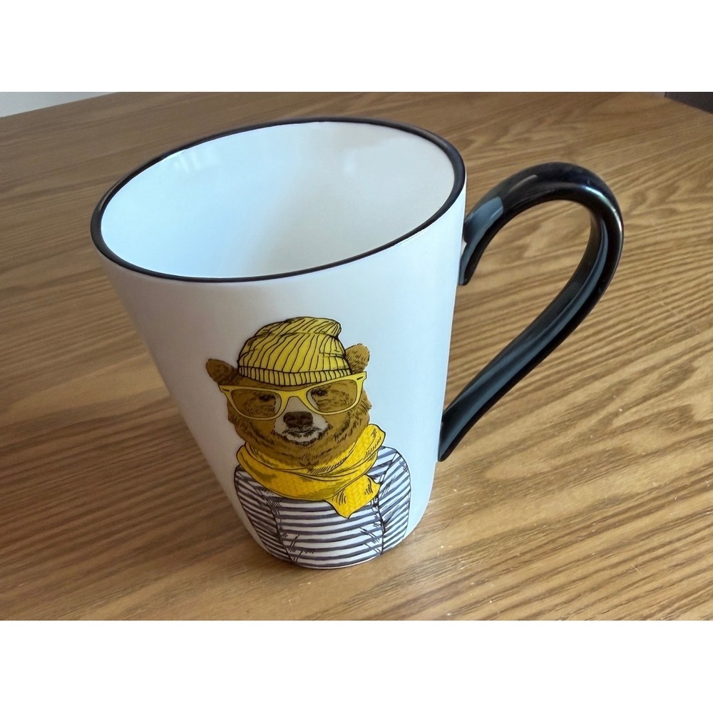 Signature Housewares Hipster Bear Coffee Mug Yellow Scarf Glasses Stoneware 5.5"